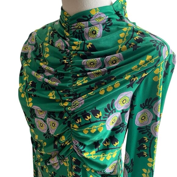 ZARA W/B Drape Ruched Mock Neck Midi Dress Sz S Green Floral 70s Retro Portugal - Picture 7 of 12